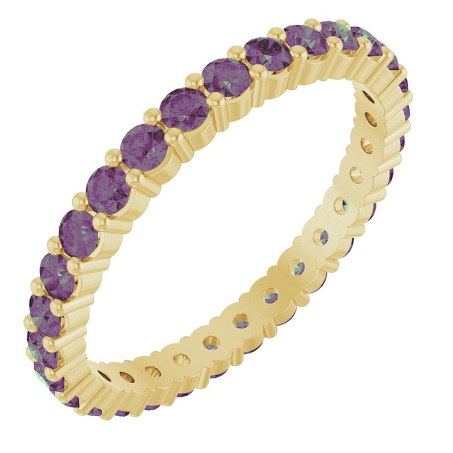 Ethical Alexandrite ring in solid 10K yellow gold with a full circle of 2mm gemstones.