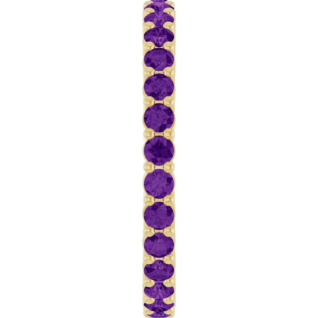Elegant 10K yellow gold eternity band with round Amethyst stones, handmade in the USA.