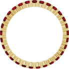 Elegant 10K yellow gold eternity band with round Garnet stones, handmade in the USA.