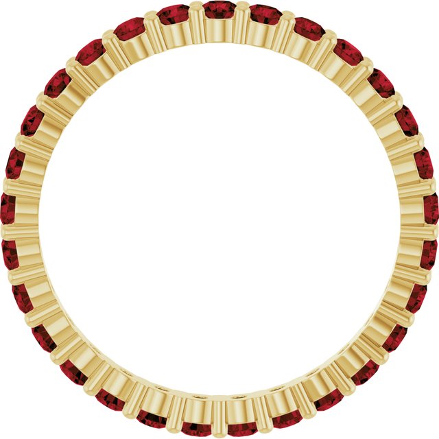 Elegant 10K yellow gold eternity band with round Garnet stones, handmade in the USA.