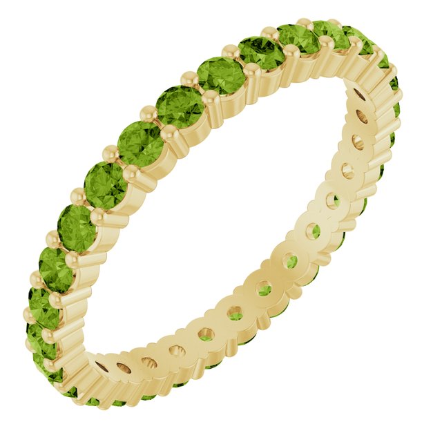 Peridot eternity ring in 10K yellow gold, handcrafted using recycled metal.