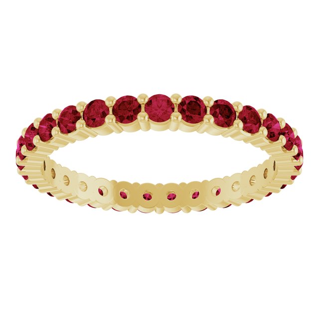 Ethical Ruby ring in solid 10K yellow gold with a full circle of 2mm gemstones.