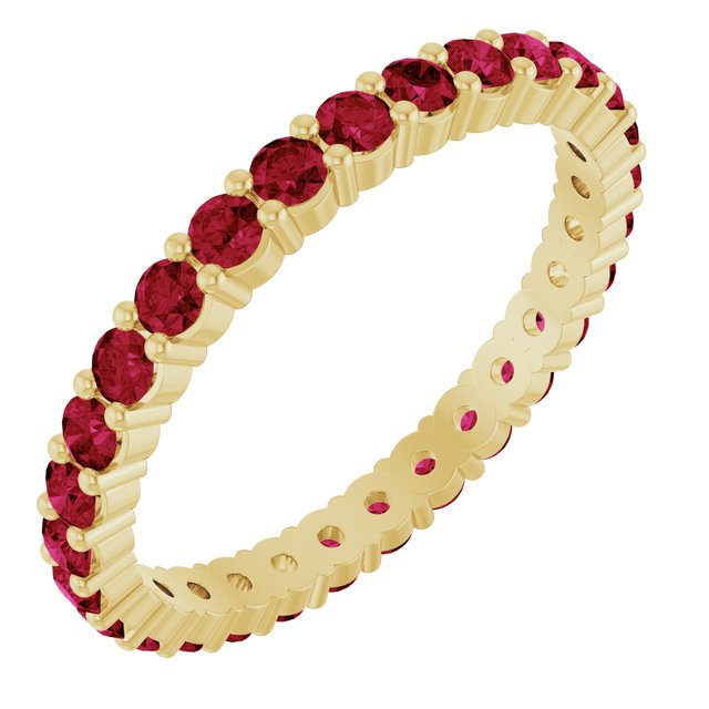 Ruby eternity ring in 10K yellow gold, handcrafted using recycled metal.