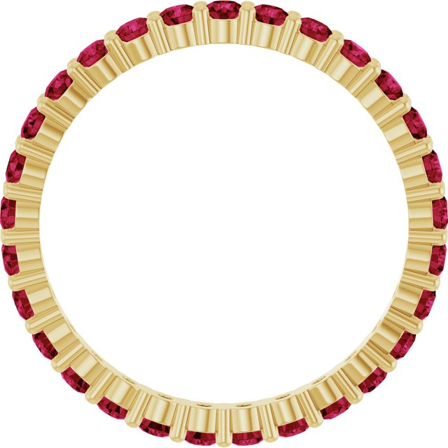 Elegant 10K yellow gold eternity band with round Ruby stones, handmade in the USA.