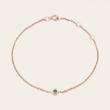 Bezel-set blue zircon bracelet in 14K rose gold, close-up of stone and setting rose gold variant--14K-rose-gold variant--Zircon