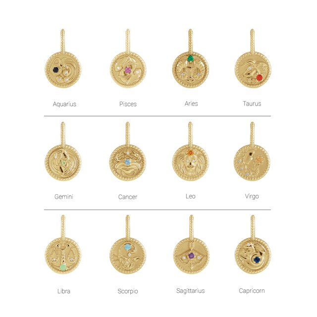 Styled view of all 12 zodiacs in gold