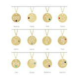 Adjustable gold necklace featuring zodiac medallion and round gemstones.  Shown in all options.