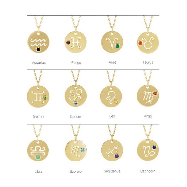 Adjustable gold necklace featuring zodiac medallion and round gemstones.  Shown in all options.