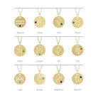 Adjustable gold necklace featuring zodiac medallion and round gemstones.  Shown in all options.