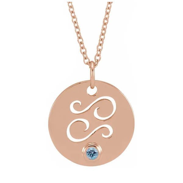 Dainty Cancer zodiac pendant and gemstone charm necklace in polished 14K rose gold. variant--14K-rose-gold