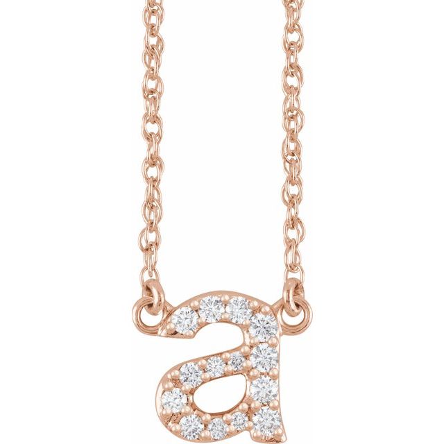 diamond lowercase initial necklace, initial necklace, diamond initial necklace 14K rose gold A initial charm variant--A variant--14K-rose-gold