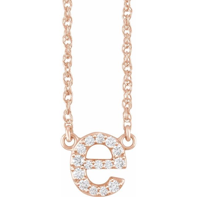 diamond lowercase initial necklace, initial necklace, diamond initial necklace 14K rose gold E initial charm variant--E variant--14K-rose-gold