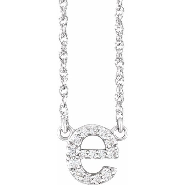 diamond lowercase initial necklace, initial necklace, diamond initial necklace 14K white gold E initial charm variant--E variant--14K-white-gold