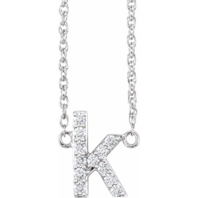 diamond lowercase initial necklace, initial necklace, diamond initial necklace 14K white gold K initial charm variant--K variant--14K-white-gold