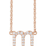 diamond lowercase initial necklace, initial necklace, diamond initial necklace 14K rose gold M initial charm variant--M variant--14K-rose-gold
