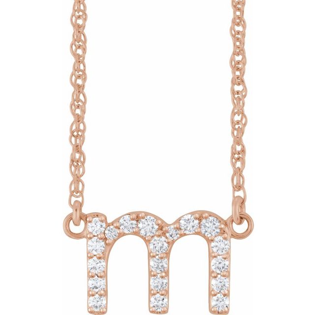 diamond lowercase initial necklace, initial necklace, diamond initial necklace 14K rose gold M initial charm variant--M variant--14K-rose-gold