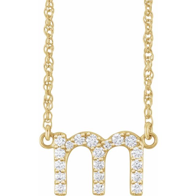 diamond lowercase initial necklace, initial necklace, diamond initial necklace 14K yellow gold M initial charm variant--M variant--14K-yellow-gold