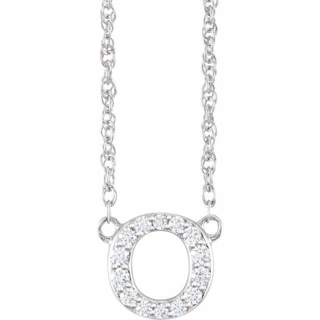 diamond lowercase initial necklace, initial necklace, diamond initial necklace 14K white gold O initial charm variant--O variant--14K-white-gold