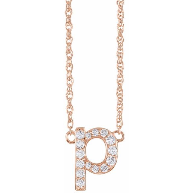 diamond lowercase initial necklace, initial necklace, diamond initial necklace 14K rose gold P initial charm variant--P variant--14K-rose-gold