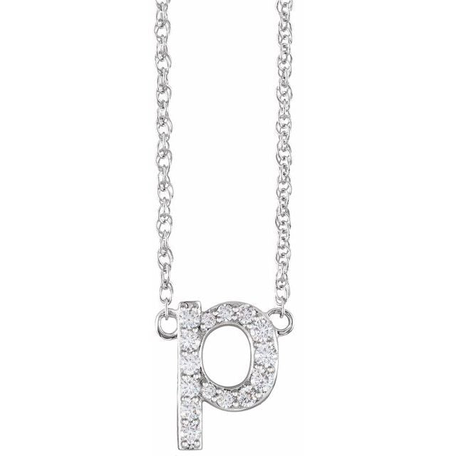 diamond lowercase initial necklace, initial necklace, diamond initial necklace 14K white gold P initial charm variant--P variant--14K-white-gold