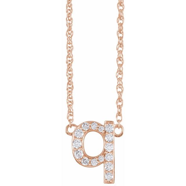 diamond lowercase initial necklace, initial necklace, diamond initial necklace 14K rose gold Q initial charm variant--Q variant--14K-rose-gold