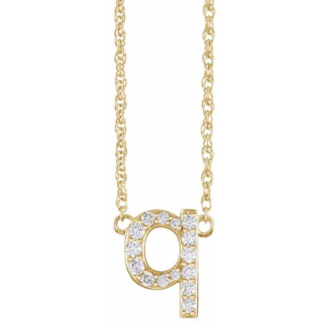 diamond lowercase initial necklace, initial necklace, diamond initial necklace 14K yellow gold Q initial charm variant--Q variant--14K-yellow-gold