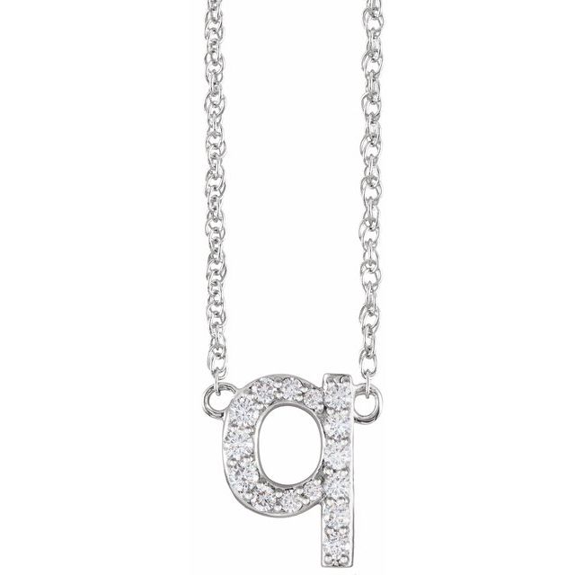 diamond lowercase initial necklace, initial necklace, diamond initial necklace 14K white gold Q initial charm variant--Q variant--14K-white-gold