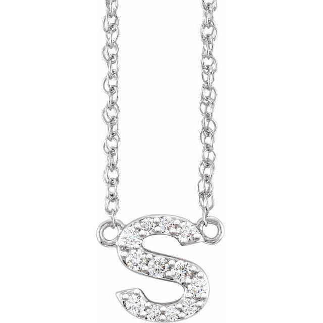 diamond lowercase initial necklace, initial necklace, diamond initial necklace 14K white gold S initial charm variant--S variant--14K-white-gold