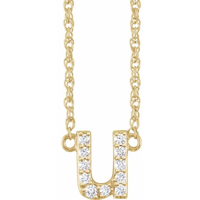 diamond lowercase initial necklace, initial necklace, diamond initial necklace 14K yellow gold U initial charm variant--U variant--14K-yellow-gold
