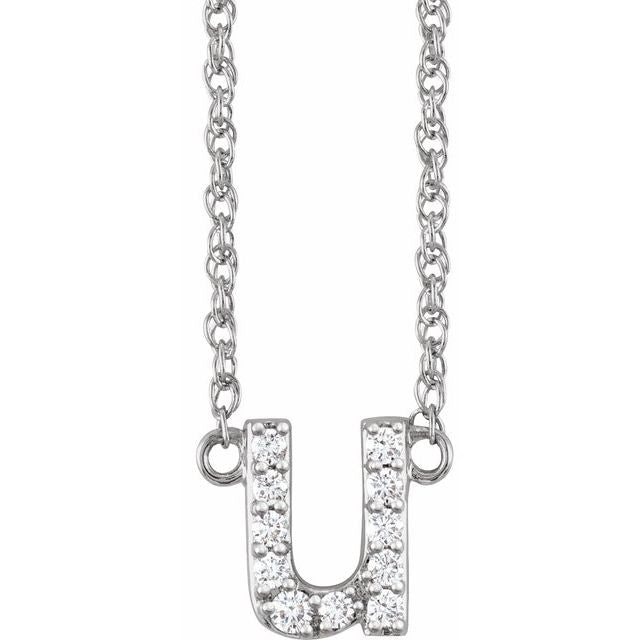 diamond lowercase initial necklace, initial necklace, diamond initial necklace 14K white gold U initial charm variant--U variant--14K-white-gold