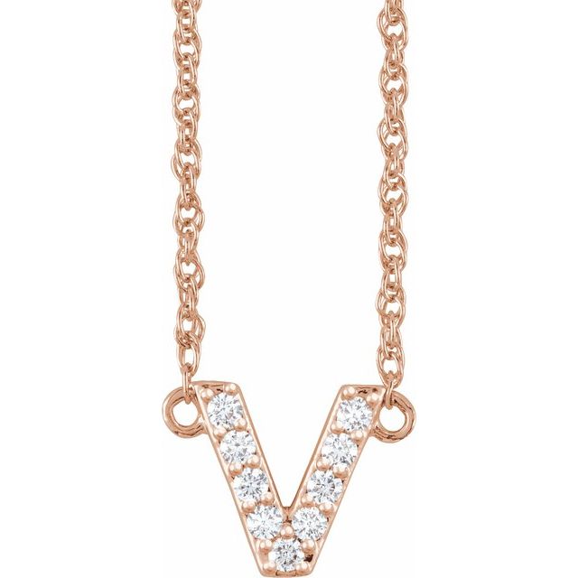 diamond lowercase initial necklace, initial necklace, diamond initial necklace 14K rose gold V initial charm variant--V variant--14K-rose-gold