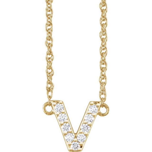 diamond lowercase initial necklace, initial necklace, diamond initial necklace 14K yellow gold V initial charm variant--V variant--14K-yellow-gold