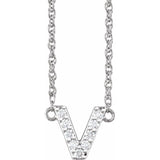 diamond lowercase initial necklace, initial necklace, diamond initial necklace 14K white gold V initial charm variant--V variant--14K-white-gold