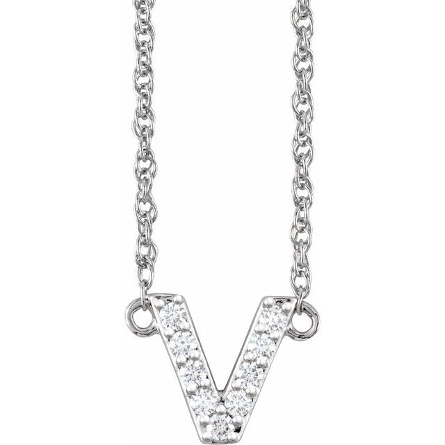 diamond lowercase initial necklace, initial necklace, diamond initial necklace 14K white gold V initial charm variant--V variant--14K-white-gold