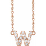 diamond lowercase initial necklace, initial necklace, diamond initial necklace 14K rose gold W initial charm variant--W variant--14K-rose-gold