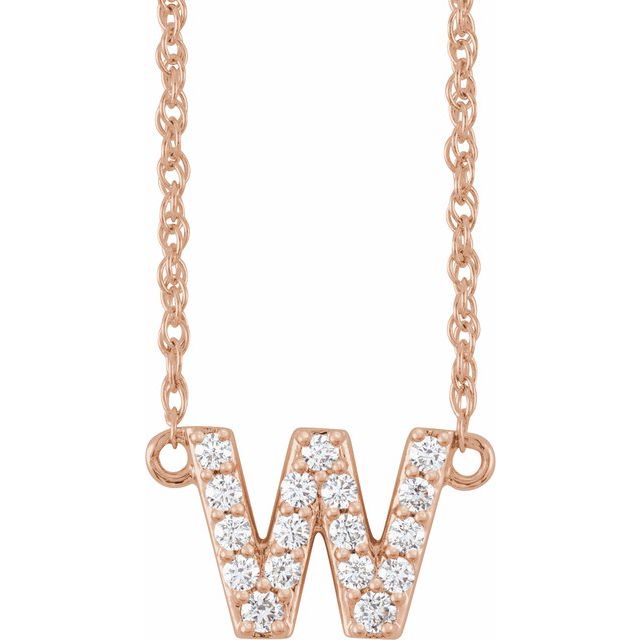 diamond lowercase initial necklace, initial necklace, diamond initial necklace 14K rose gold W initial charm variant--W variant--14K-rose-gold