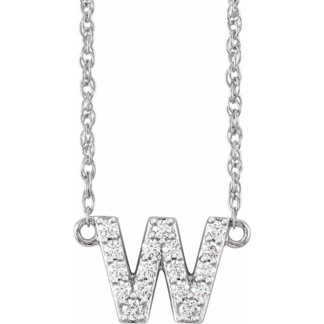diamond lowercase initial necklace, initial necklace, diamond initial necklace 14K white gold W initial charm variant--W variant--14K-white-gold