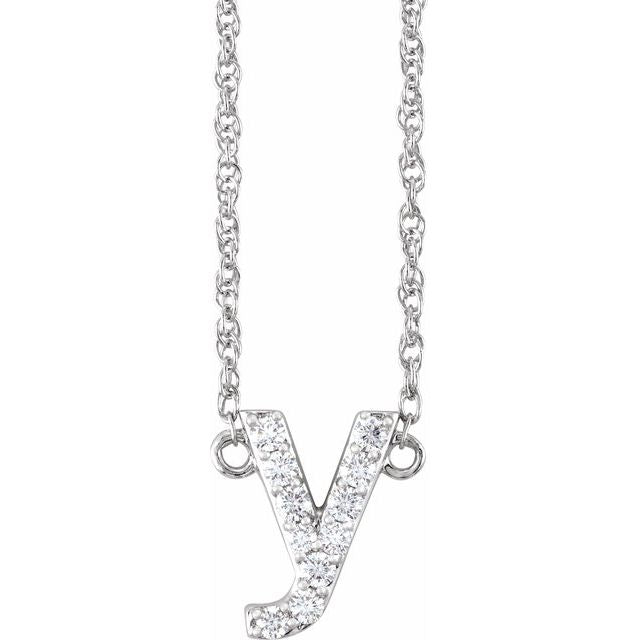 diamond lowercase initial necklace, initial necklace, diamond initial necklace 14K white gold Y initial charm variant--Y variant--14K-white-gold
