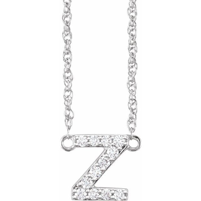 diamond lowercase initial necklace, initial necklace, diamond initial necklace 14K white gold Z initial charm variant--Z variant--14K-white-gold