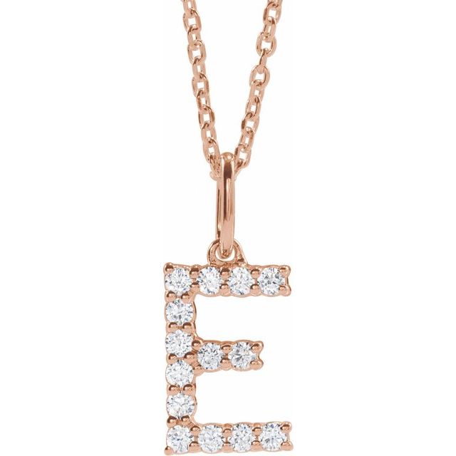 diamond initial necklace, initial necklace, diamond initial necklace 14K rose gold E initial charm variant--E variant--14K-rose-gold