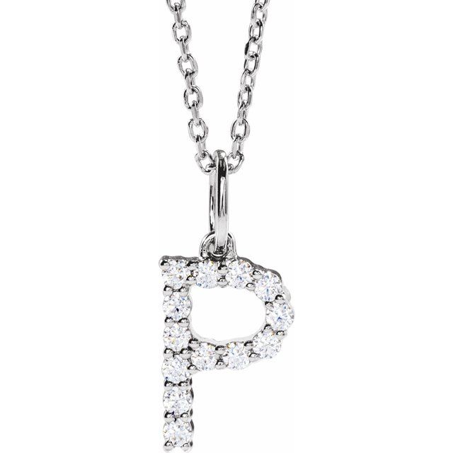 diamond initial necklace, initial necklace, diamond initial necklace 14K white gold P initial charm variant--P variant--14K-white-gold
