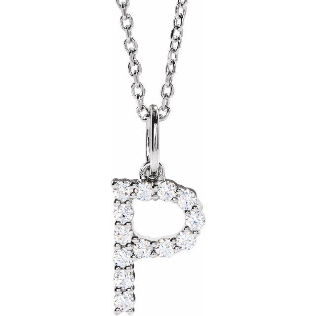 diamond initial necklace, initial necklace, diamond initial necklace 14K white gold P initial charm