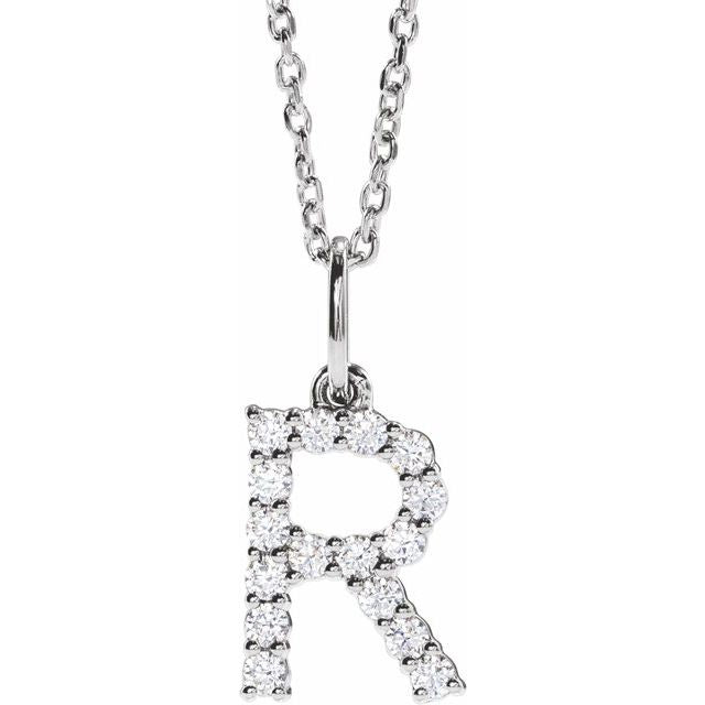 diamond initial necklace, initial necklace, diamond initial necklace 14K white gold R initial charm variant--R variant--14K-white-gold