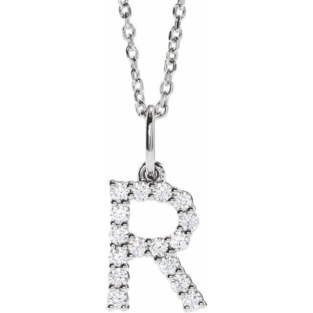 diamond initial necklace, initial necklace, diamond initial necklace 14K white gold R initial charm