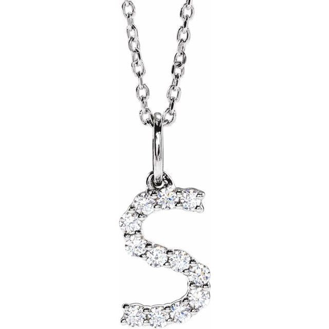diamond initial necklace, initial necklace, diamond initial necklace 14K white gold S initial charm variant--S variant--14K-white-gold