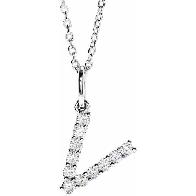 diamond initial necklace, initial necklace, diamond initial necklace 14K white gold V initial charm variant--V variant--14K-white-gold