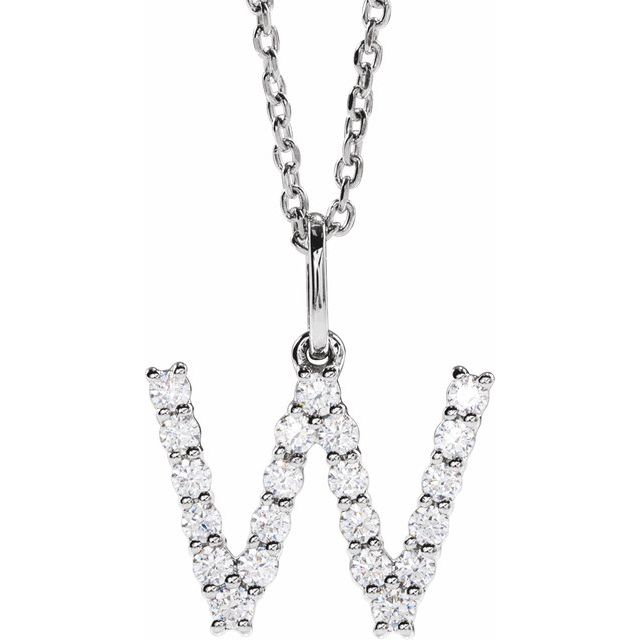 diamond initial necklace, initial necklace, diamond initial necklace 14K white gold W initial charm variant--W variant--14K-white-gold