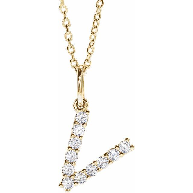 diamond initial necklace, initial necklace, diamond initial necklace 14K yellow gold V initial charm variant--V variant--14K-yellow-gold