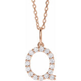 diamond initial necklace, initial necklace, diamond initial necklace 14K rose gold Q initial charm variant--Q variant--14K-rose-gold