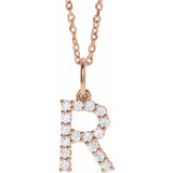 diamond initial necklace, initial necklace, diamond initial necklace 14K rose gold R initial charm variant--R variant--14K-rose-gold